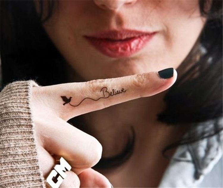 bird with text finger tattoo for female, finger tattoo ideas for females 