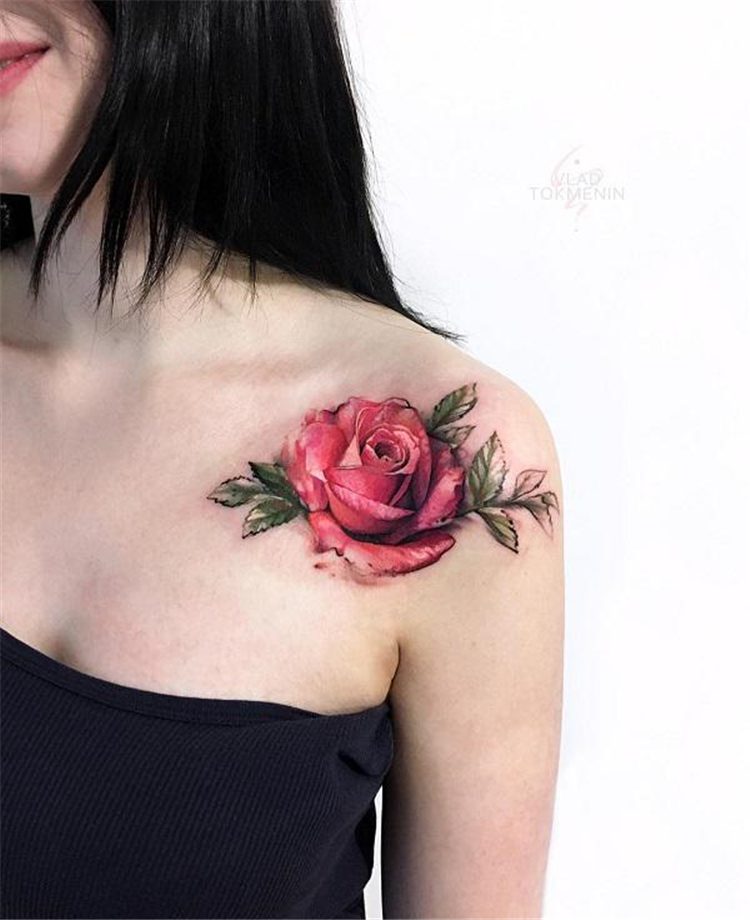 red rose tattoo on shoulder female