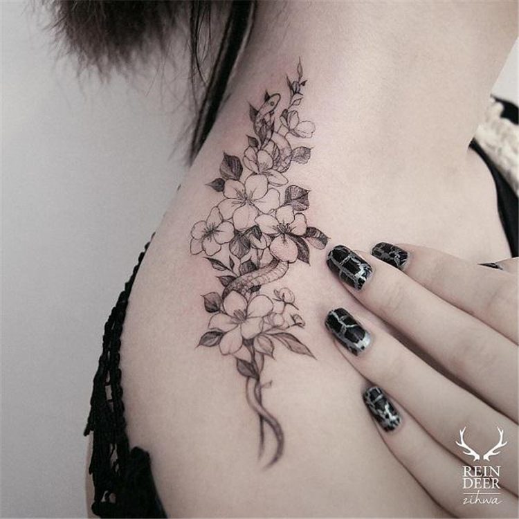flower and snake shoulder tattoos for women