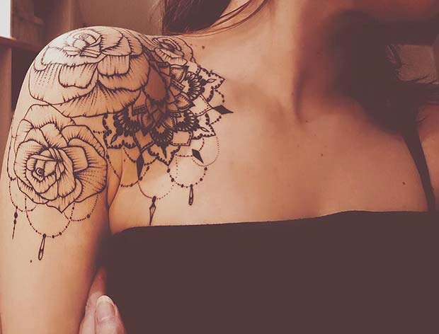 flower lace shoulder tattoos for women
