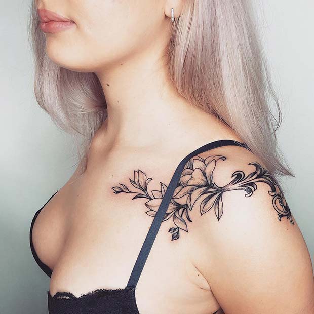 black flower shoulder tattoo for female