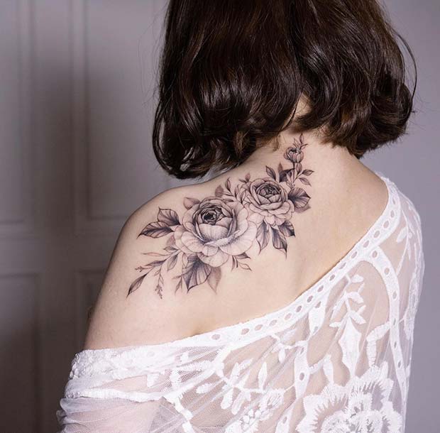 big rose flower shoulder tattoo