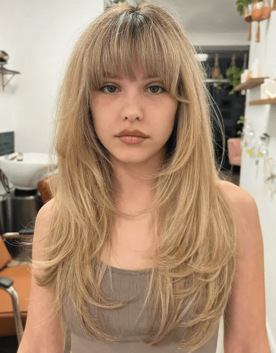 Straight Bangs on Feathered Blonde Hair.