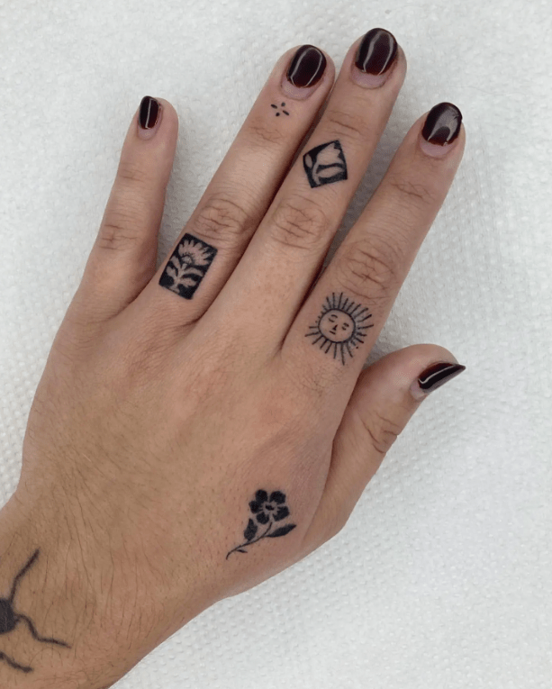 Minimal Black Inked Sun and framed Tulip Finger Tattoo, finger tattoo ideas for females