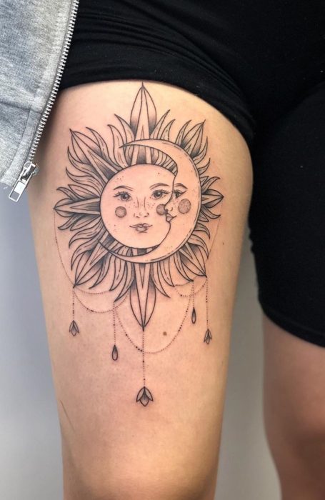 thigh sun and moon tattoo designs