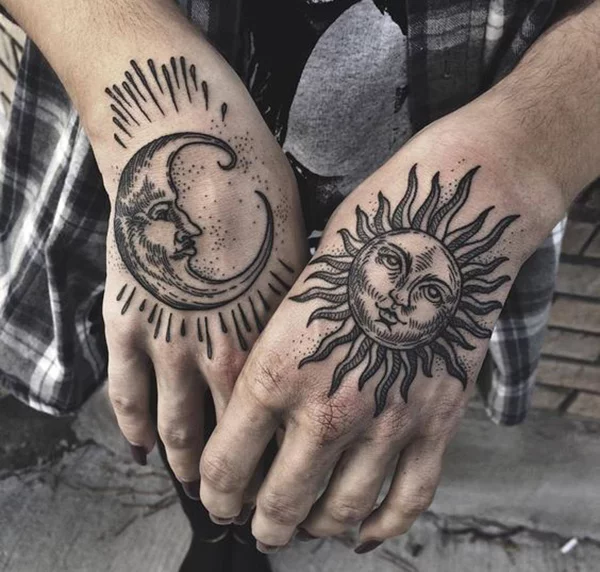 hand sun and moon tattoo designs